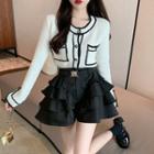Contrasted-trim Button-up Light Knit Top / Layered Ruffled Mini Skirt