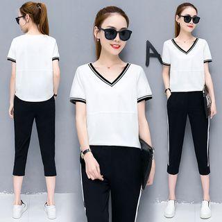 Set: Striped Short-sleeve Top + Cropped Pants