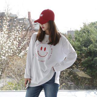 Round-neck Slit-side Printed T-shirt