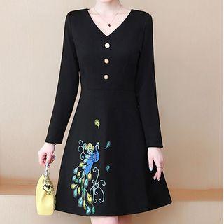 Peacock Embroidered Long-sleeve Mini A-line Dress