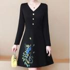 Peacock Embroidered Long-sleeve Mini A-line Dress