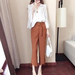 Set : Plain Shirt + Wide-leg Pants With Thick Belt