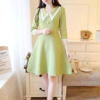3/4-sleeve Contrast Trim A-line Knit Dress