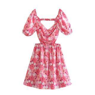 Puff-sleeve Cut-out Floral Mini A-line Dress