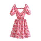 Puff-sleeve Cut-out Floral Mini A-line Dress
