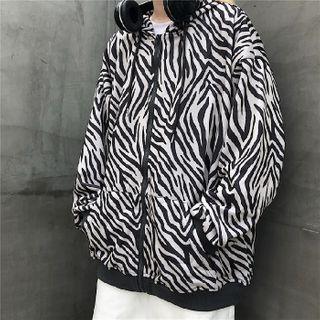 Long-sleeve Zebra Printed Zip Hooded Jacket