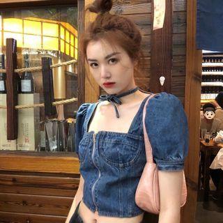 Balloon-sleeve Denim Cropped Blouse
