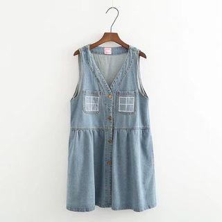 Sleeveless V-neck Button-front Denim Dress