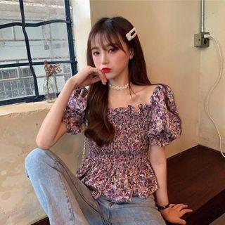 Floral Print Cold Shoulder Puff-sleeve Shirt