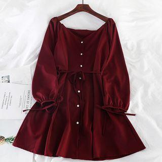 Long-sleeve V-neck Buttoned A-line Dress