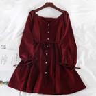 Long-sleeve V-neck Buttoned A-line Dress