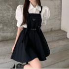 Puff-sleeve Plain Shirt / Mini Overall Dress