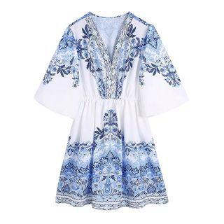 3/4-sleeve V-neck Print A-line Dress
