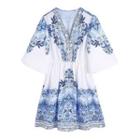 3/4-sleeve V-neck Print A-line Dress