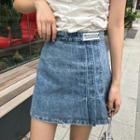 Washed Pleated A-line Denim Skirt