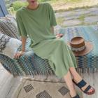 Round-neck Slit-side Textured Midi Dress