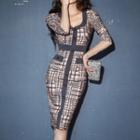 Elbow-sleeve Plaid Knit Bodycon Dress