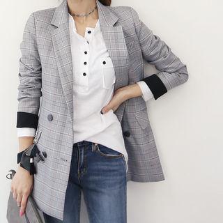 Contrast-trim Double-breasted Glen-plaid Tailored Blazer