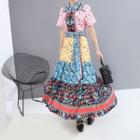 Floral Short-sleeve Maxi A-line Dress As Shown In Figure - One Size