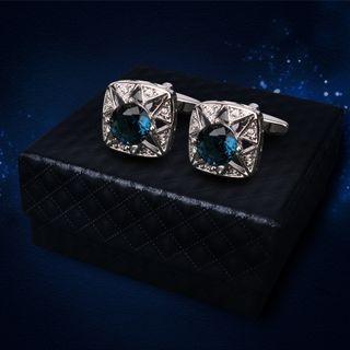 Rhinestone Alloy Cufflinks 1 Pair - Rhinestone Alloy Cufflinks - Silver & Blue - One Size