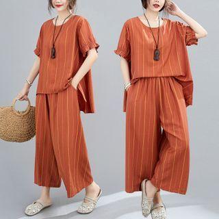 Set: Pinstriped Short-sleeve Blouse + Cropped Wide-leg Pants