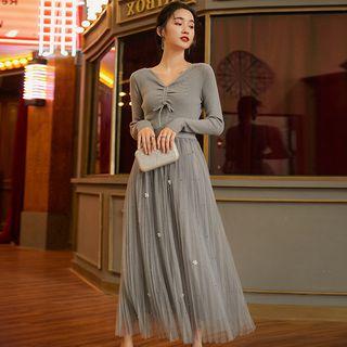 Long-sleeve Knit Pleated Midi Skirt