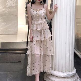Polka Dot Spaghetti-strap Tiered Midi Chiffon Dress