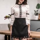 Set: 3/4-sleeve Perforated Lace Top + Mini A-line Skirt
