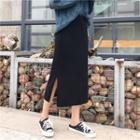 Slit-side Ribbed Knit Midi Skirt Black - One Size