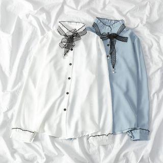 Frilled Trim Stand Collar Long Sleeve Shirt