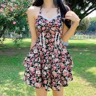 Floral Print Halter-neck Ruffle Dress