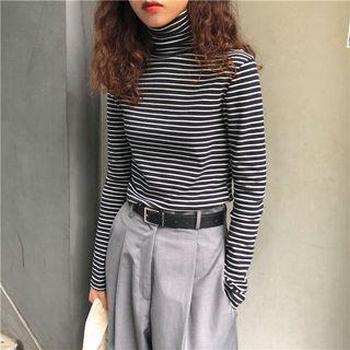 Long-sleeve Turtle-neck Striped T-shirt