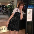 Set: Round-neck T-shirt + Spaghetti-strap Frilled-hem Dotted Dress Black - One Size