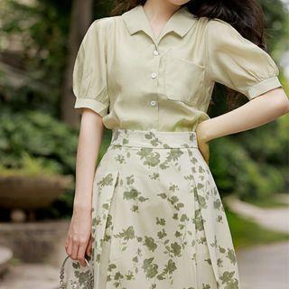 Set: Short-sleeve Plain Blouse + Floral Midi A-line Skirt
