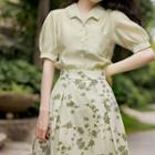 Set: Short-sleeve Plain Blouse + Floral Midi A-line Skirt