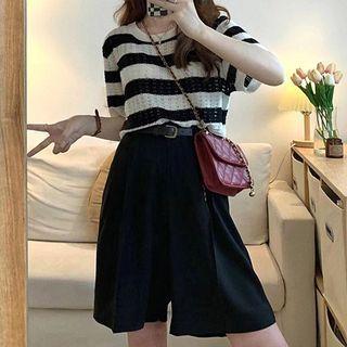 Set: Short-sleeve Striped Knit Top + Loose Fit Shorts