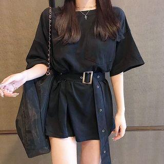 Elbow-sleeve Plain T-shirt W/ Belt
