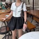 Short-sleeve Crochet Trim Top / High-waist Plain Skirt