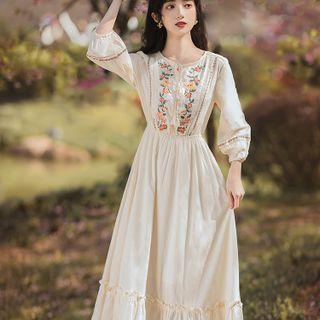 Tie-neck Floral Embroidered Midi A-line Dress