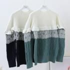 Mock-turtleneck Lace Panel Ruffle Sweater