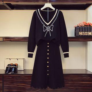 Contrast Trim Bow Sweater / Midi A-line Skirt / Set