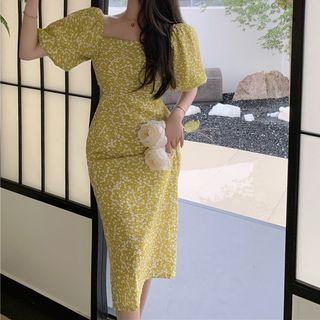 Puff Sleeve Square-neck Floral Midi Sheath Dress