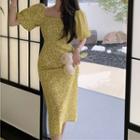 Puff Sleeve Square-neck Floral Midi Sheath Dress