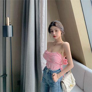 Cold Shoulder Plaid Top Pink - One Size