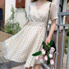Short-sleeve V-neck Polka Dot Dress