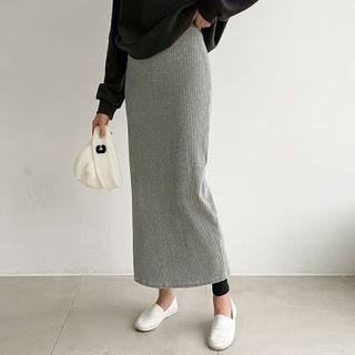 Slit-side Ribbed Velvet Maxi Skirt