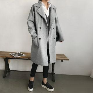 Raglan-sleeve Double-breasted Wool Blend Long Coat