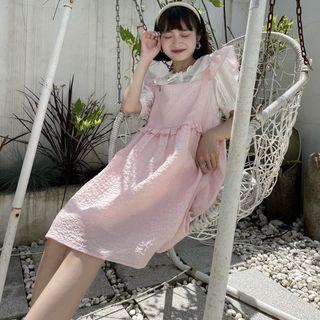 Short-sleeve Blouse / Ruffle Trim Mini A-line Overall Dress