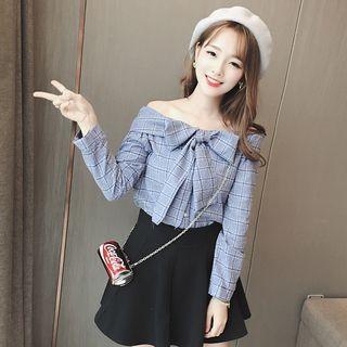 Bow Detail Check Off-shoulder Blouse