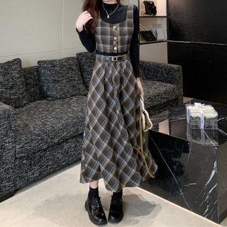 Long-sleeve Top / Plaid Cropped Camisole Top / Midi A-line Skirt